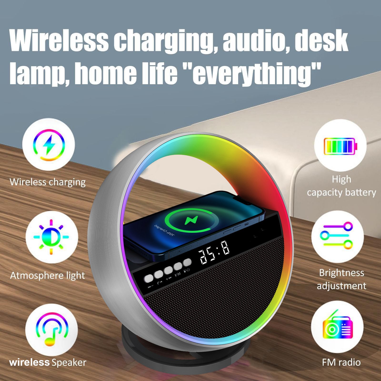 2025 New Multifunction RGB Night Light Wireless Charger Bluetooth-compatible Speaker Large G Ambience Light Home Decor